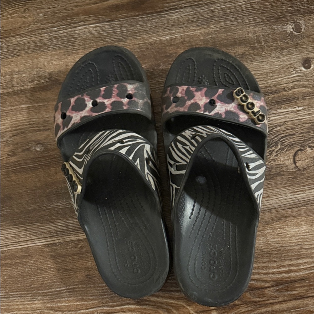 CROCS Women's Animal Print Sandals - Black and Pink